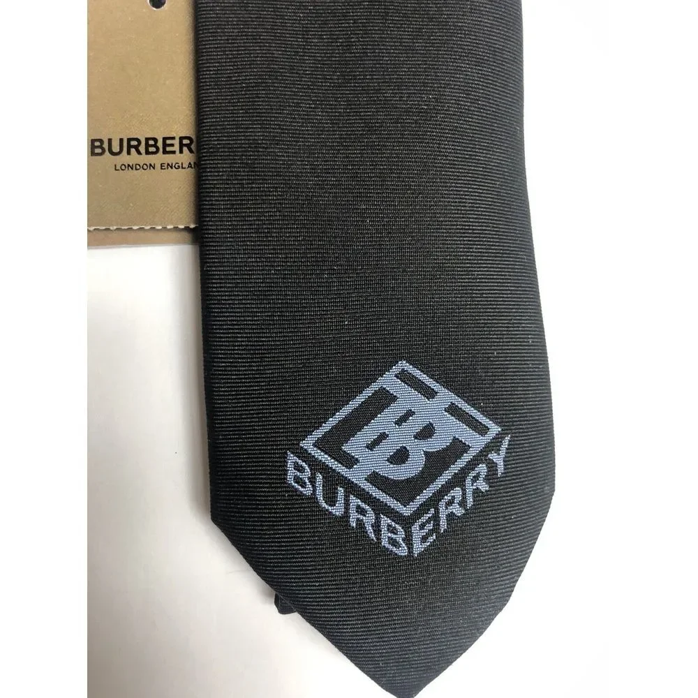 Burberry Tie Ice Blue Manston TB‎ Logo Navy Silk Made In England NEW